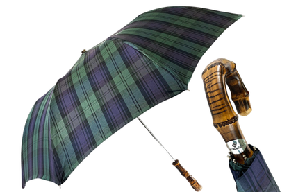 Tartan Folding Umbrella with Bamboo Handle – Men’s Classic Style