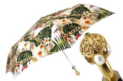 Flower and Chain Ladies Umbrella with Jeweled Gold-Plated Handle