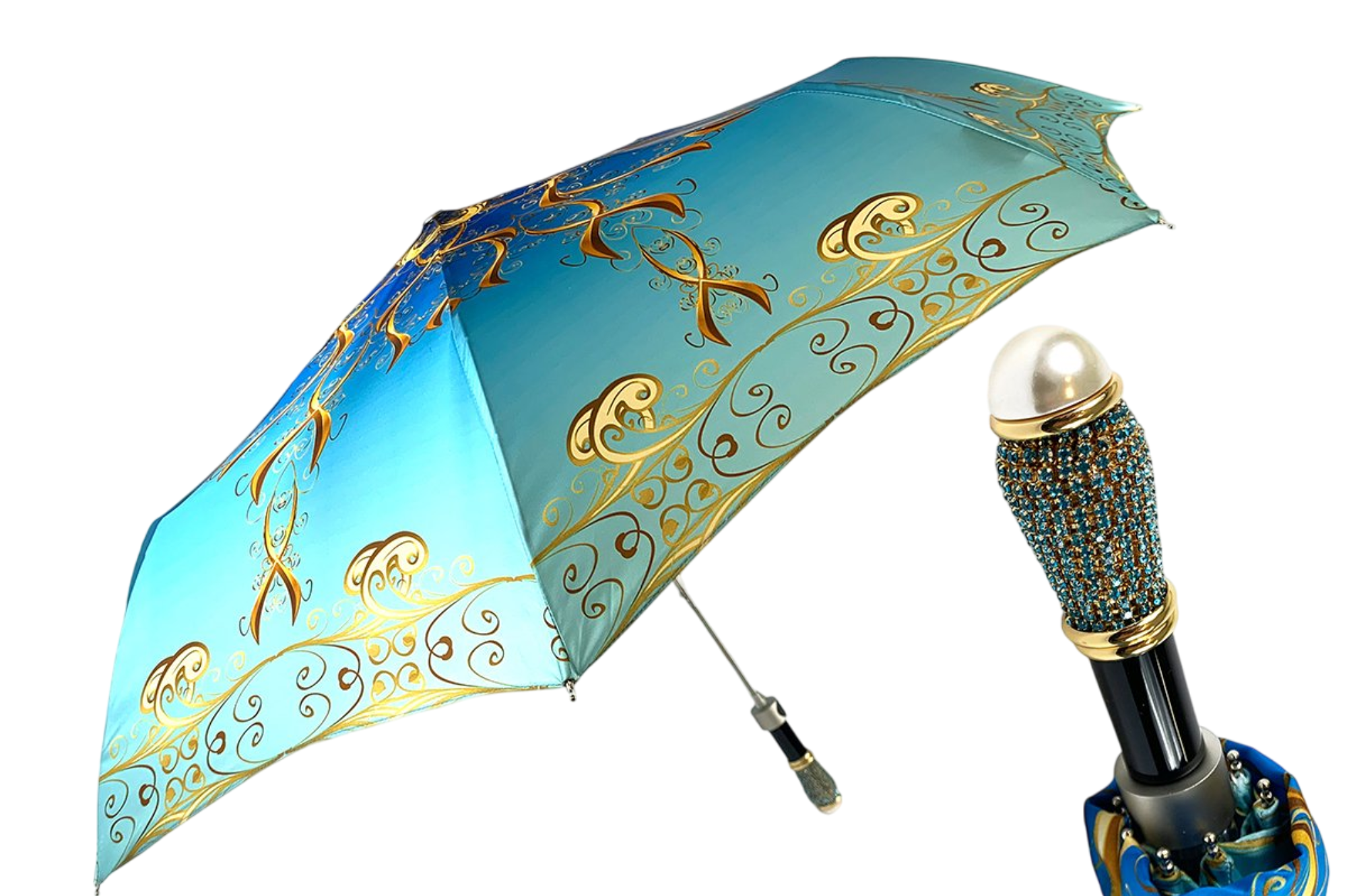 Elegant Women’s Folding Umbrella with 24K Jeweled Handle