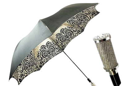 Black and White Damask Umbrella with 925 Silver-Plated Handle