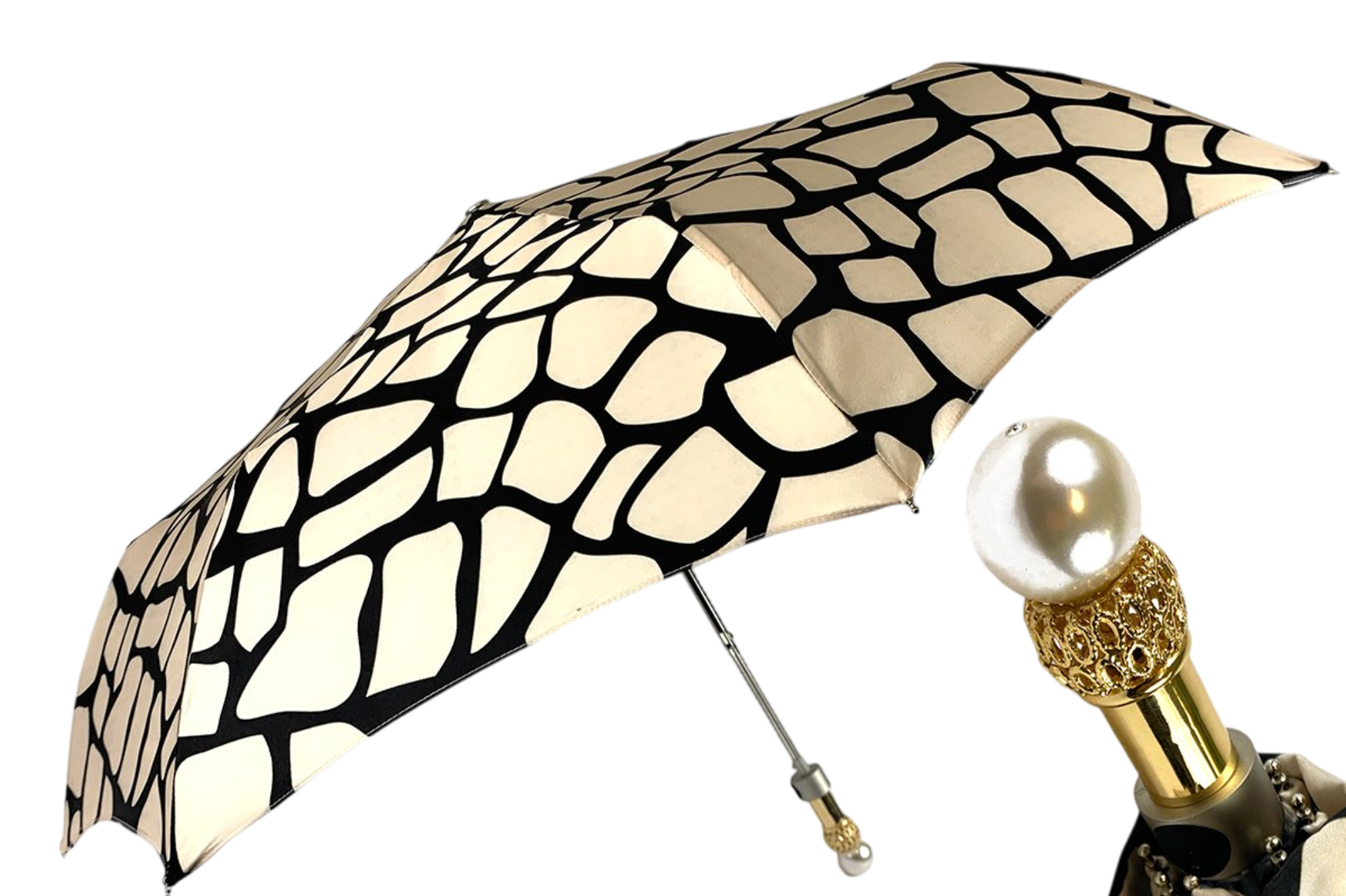 Black and Cream Folding Umbrella – Jeweled 24K Handle
