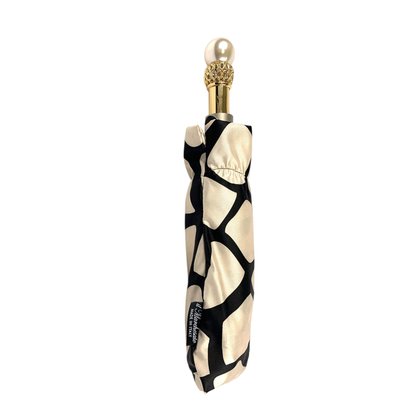 Black and Cream Folding Umbrella – Jeweled 24K Handle