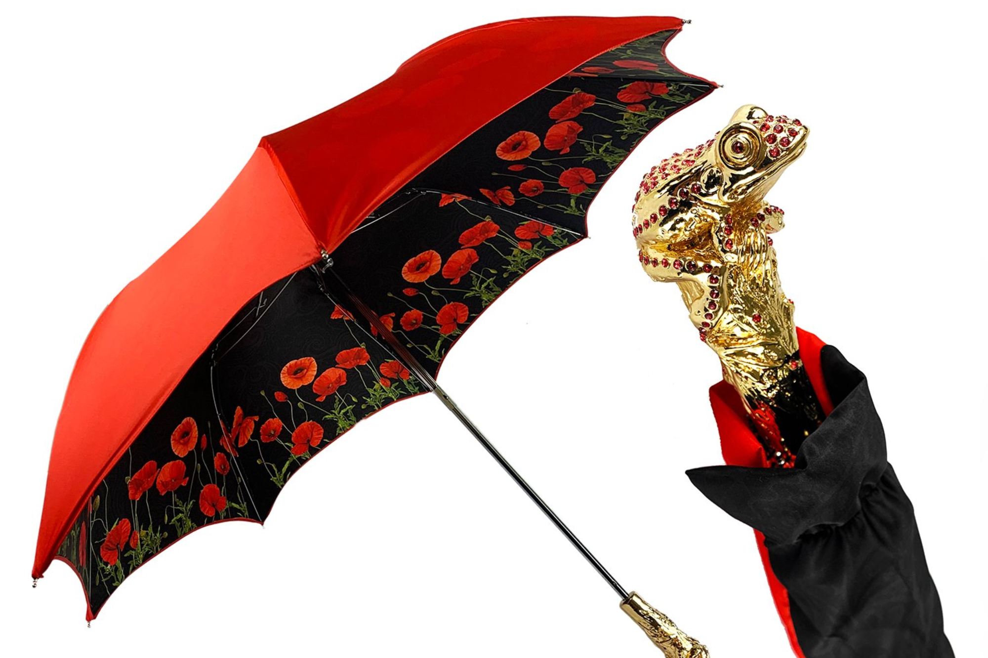 Luxury Umbrella with Red Poppies and Frog Handle with Siam Crystals