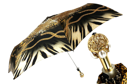Leopard and Gold Chains Folding Umbrella – Women’s Luxury Design