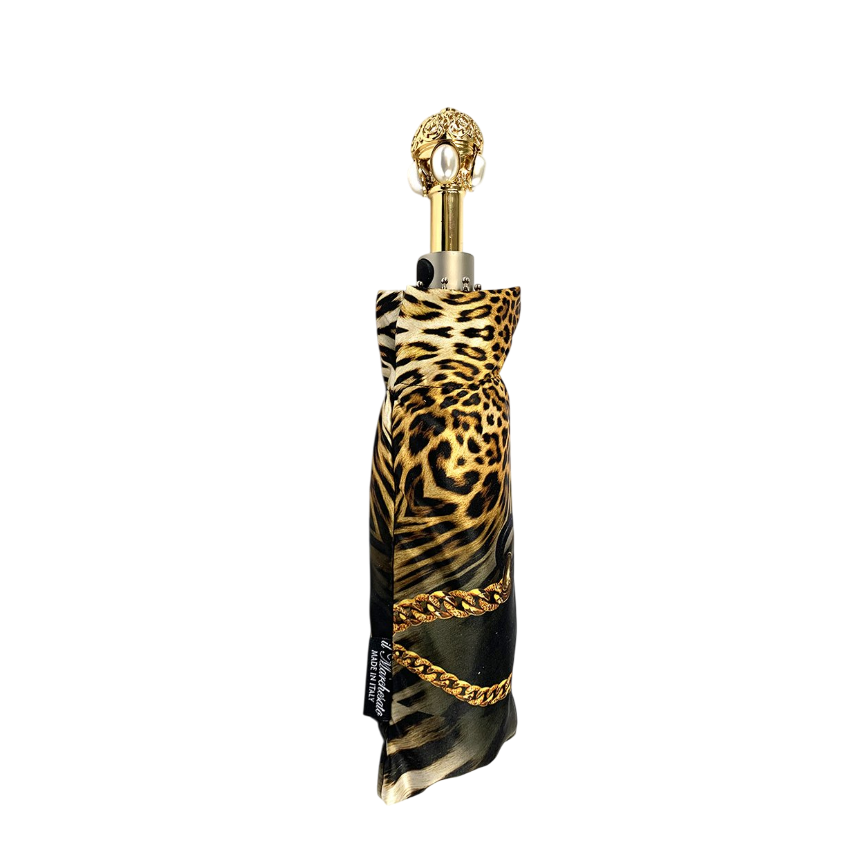 Leopard and Gold Chains Folding Umbrella – Women’s Luxury Design