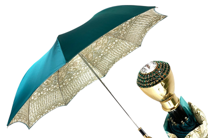 Baroque and Turquoise Deluxe Umbrella with Emerald Crystal Handle