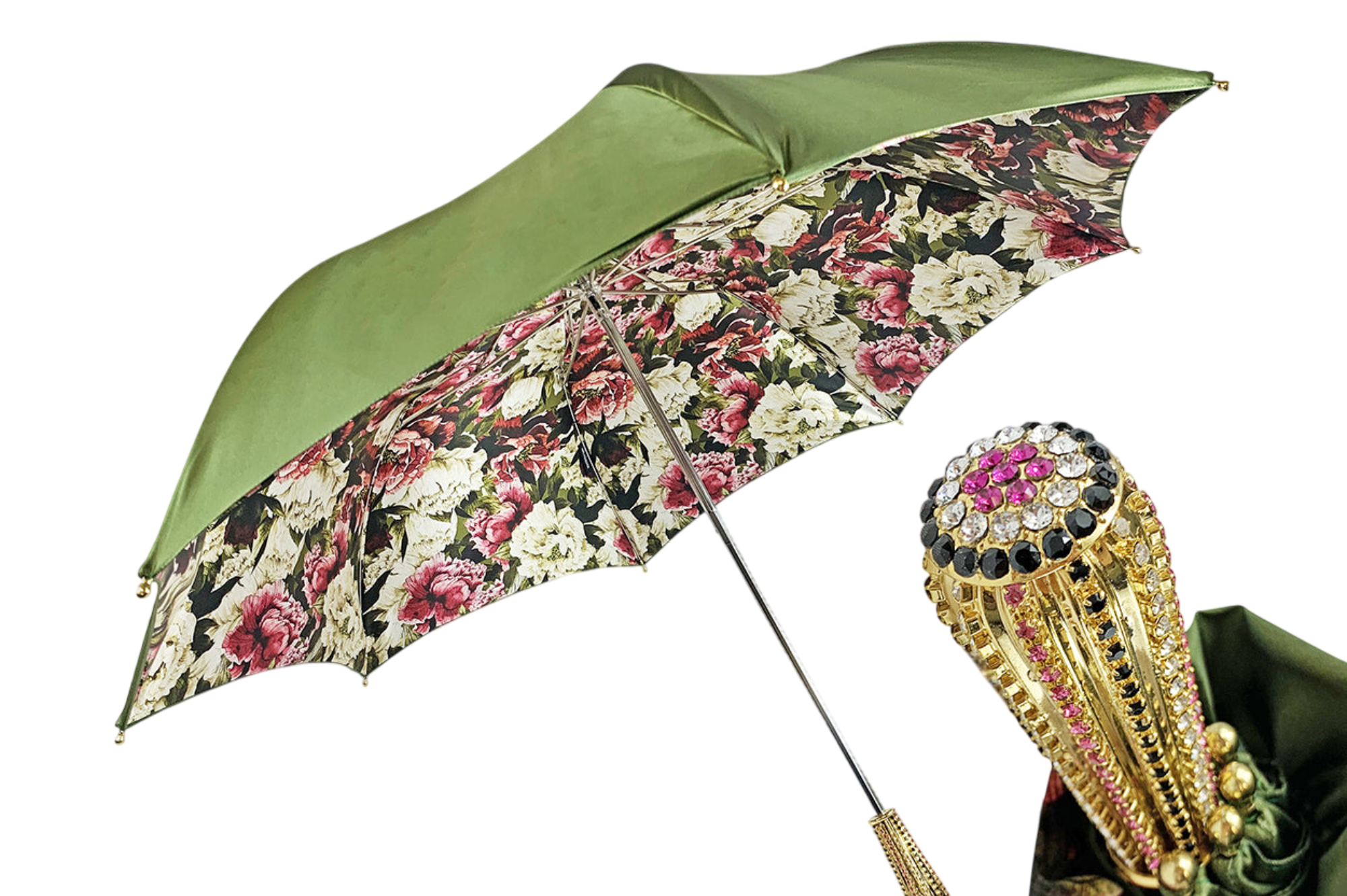 Olive Floral Luxury Umbrella with 24K Gold-Plated Crystal Handle