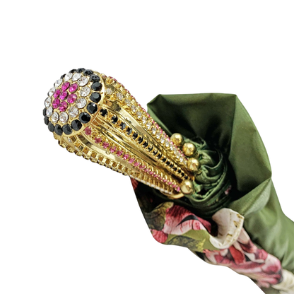 Olive Floral Luxury Umbrella with 24K Gold-Plated Crystal Handle