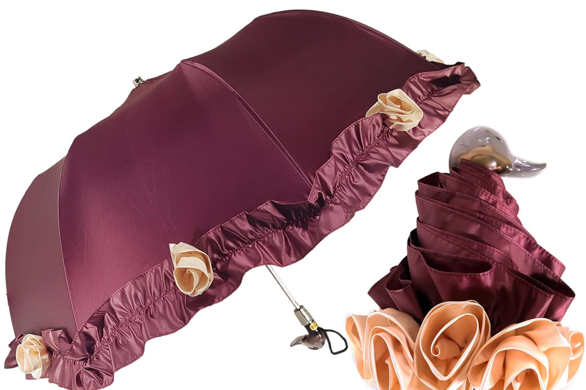 Frilly Burgundy Rose Folding Umbrella – Elegant and Handmade in Italy