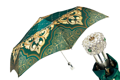 Chic Green and Beige Folding Umbrella for Women with Swarovski Details