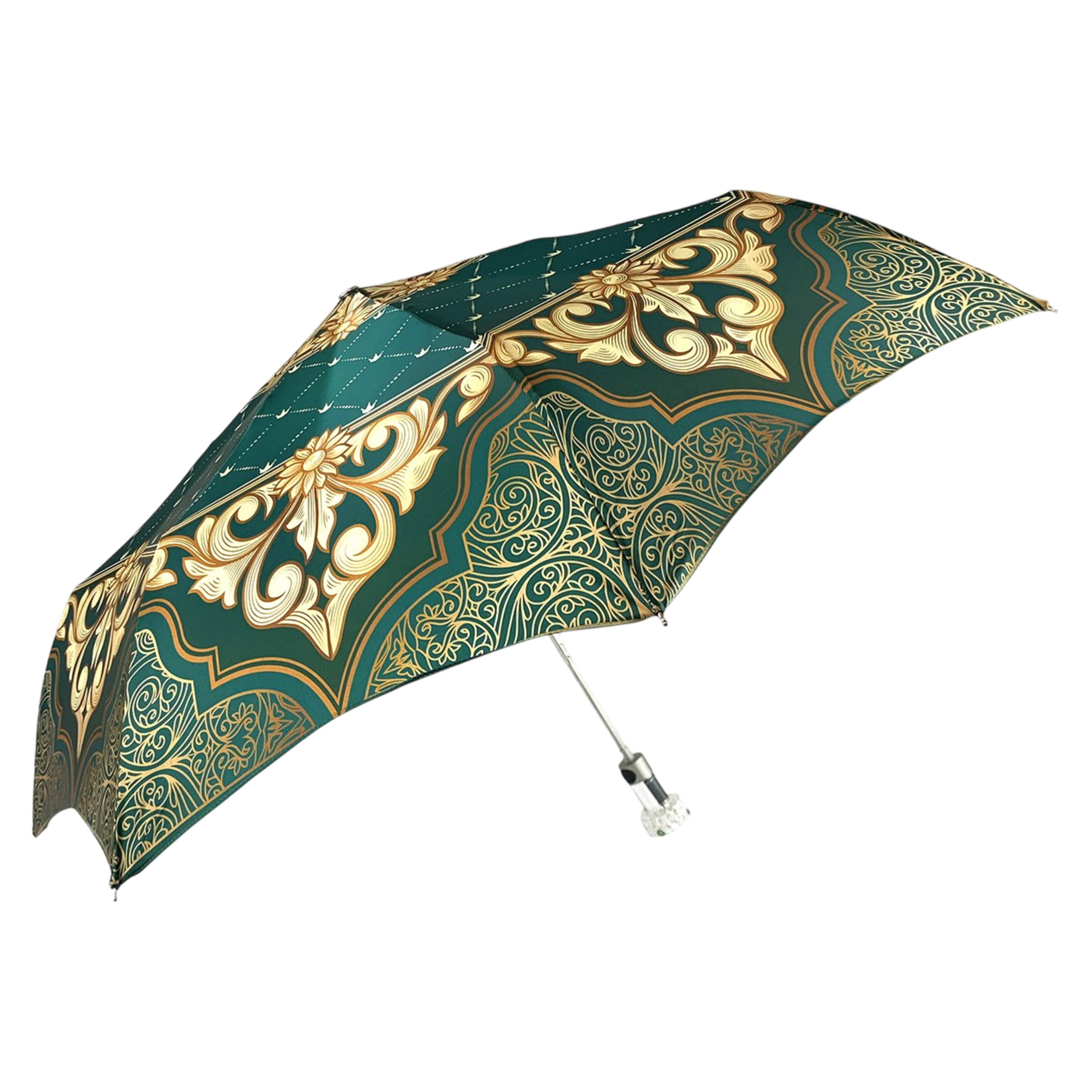 Chic Green and Beige Folding Umbrella for Women with Swarovski Details