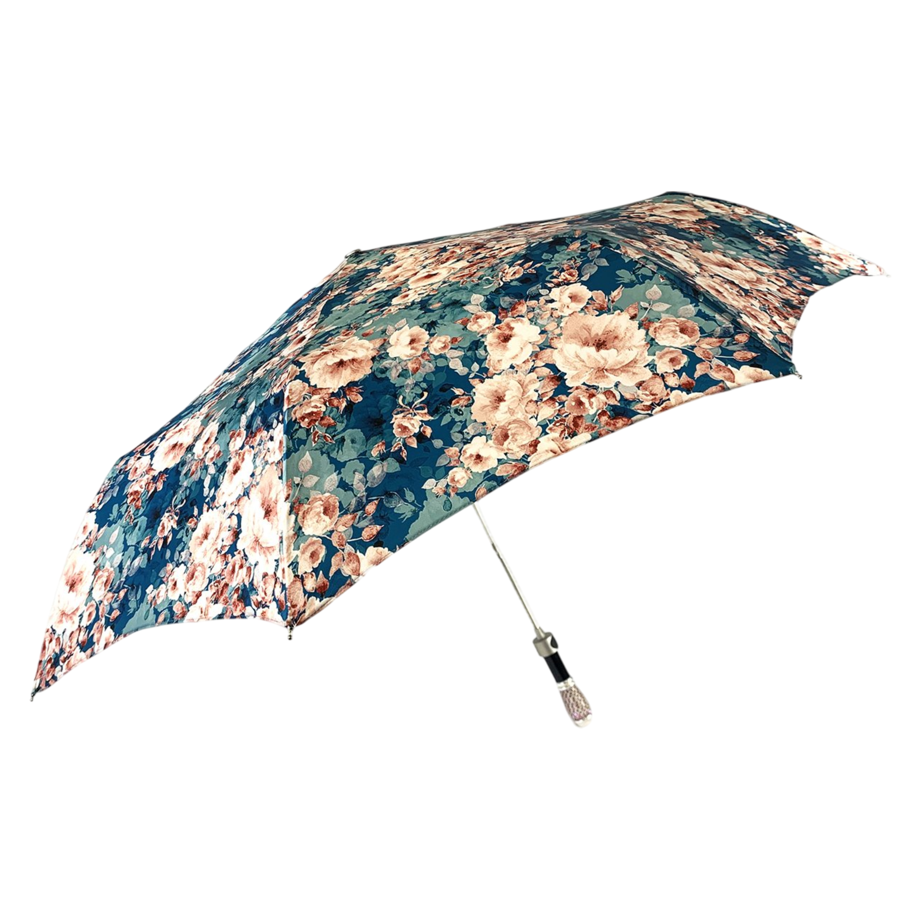 Elegant Women's Folding Umbrella – Floral Print with Jeweled Handle