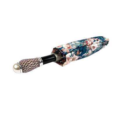 Elegant Women's Folding Umbrella – Floral Print with Jeweled Handle