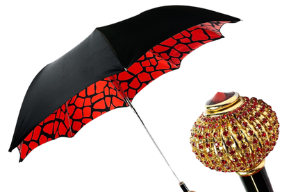 Handmade Women's Folding Umbrella with Red Crystal Sphere Handle