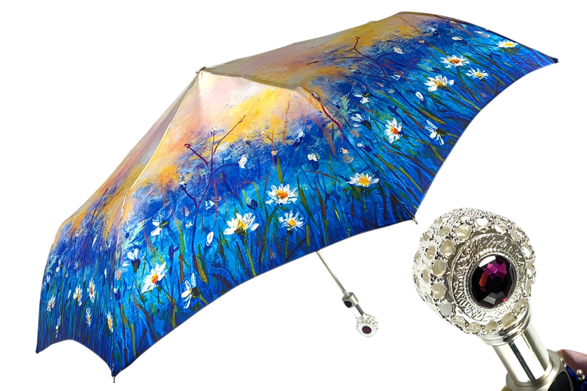 Silver-Plated Handle with Amethyst Daisies Folding Umbrella for Women