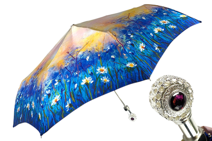 Silver-Plated Handle with Amethyst Daisies Folding Umbrella for Women