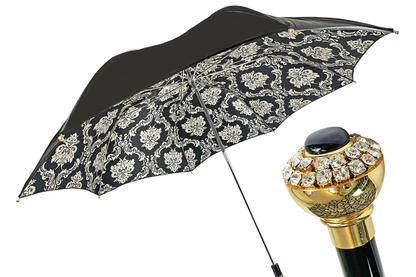 Luxury Black Double Canopy Damask Design with Crystal Handle Umbrella