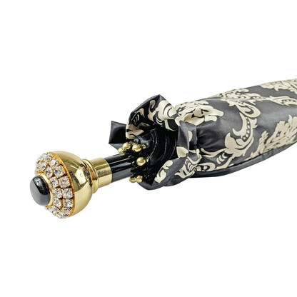 Luxury Black Double Canopy Damask Design with Crystal Handle Umbrella