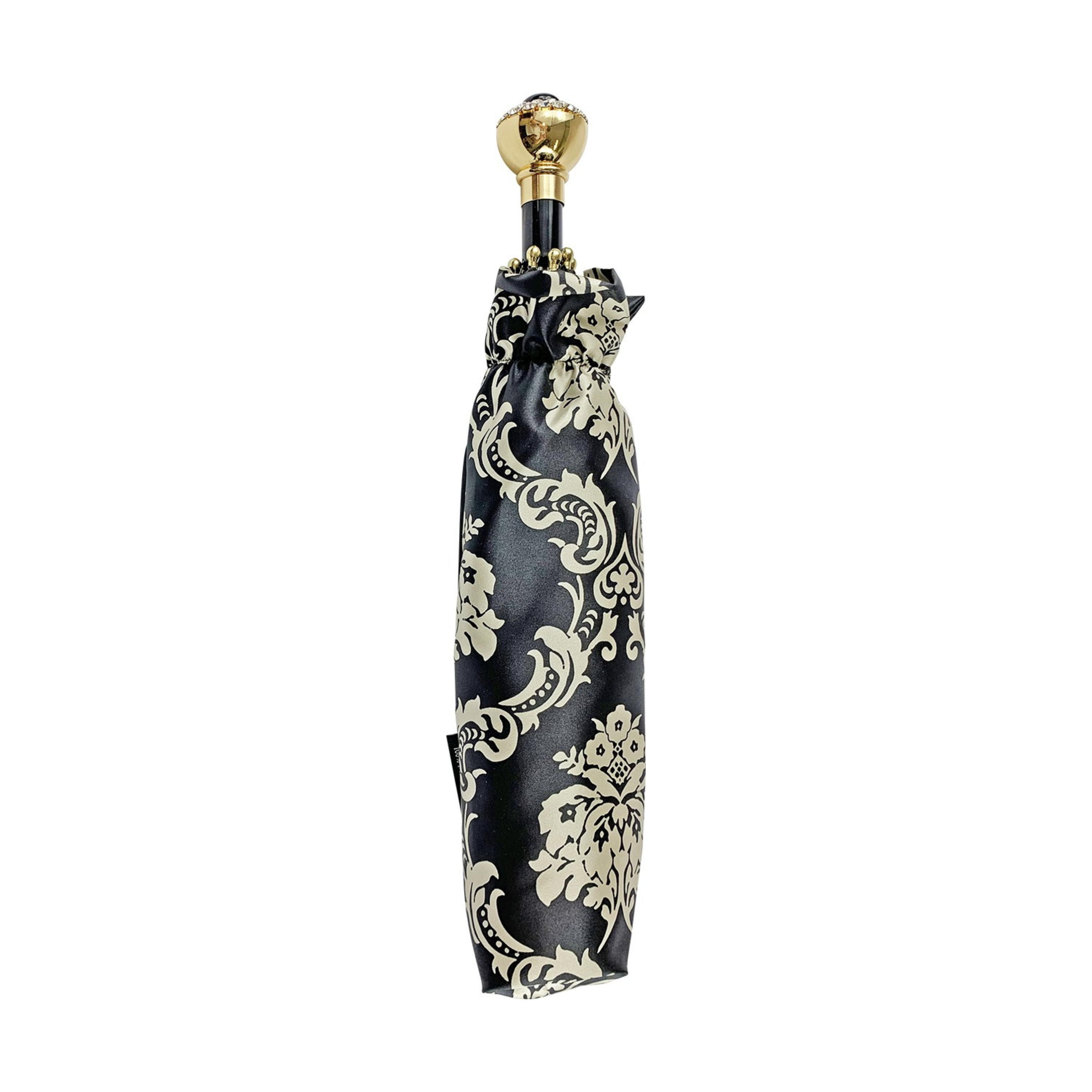 Luxury Black Double Canopy Damask Design with Crystal Handle Umbrella