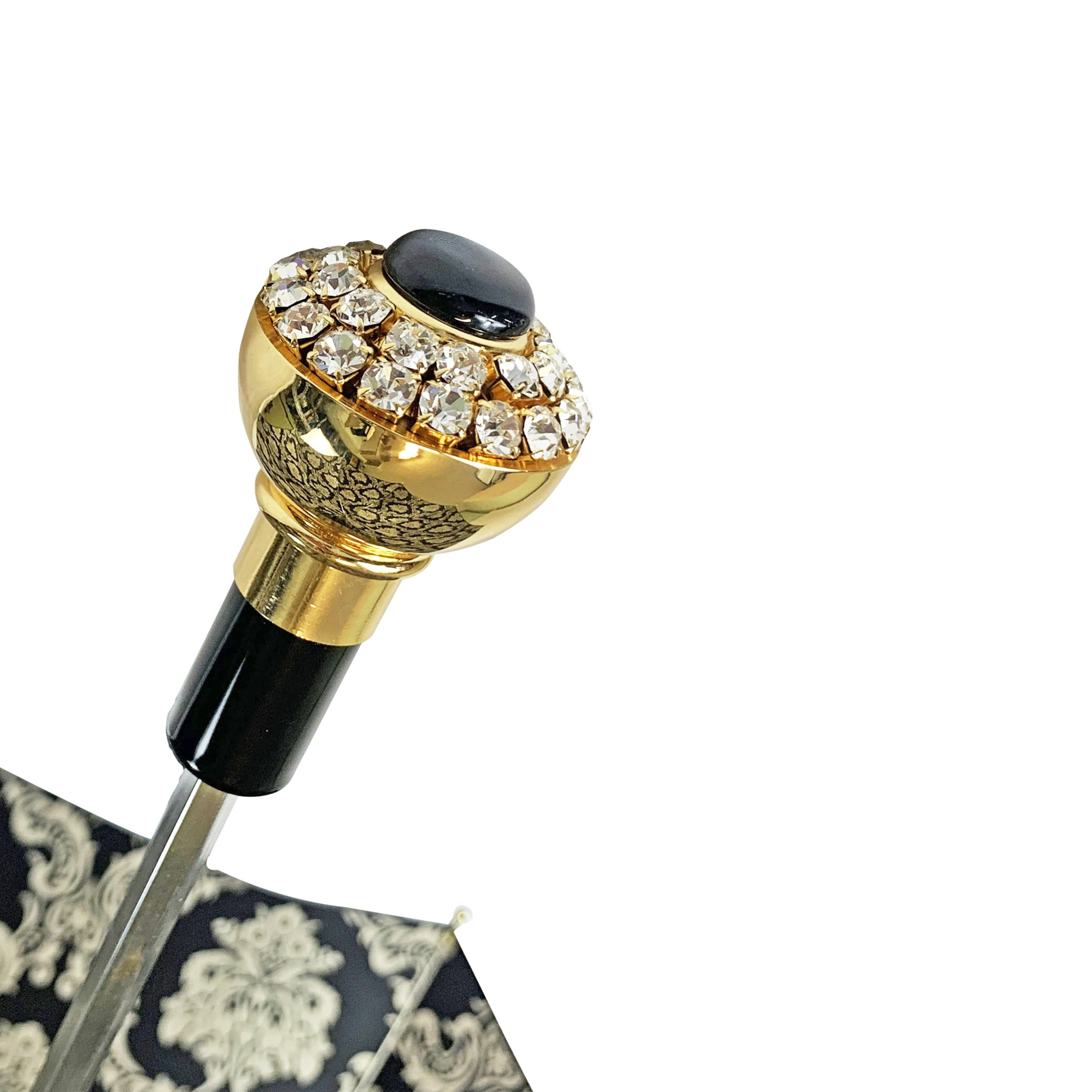 Luxury Black Double Canopy Damask Design with Crystal Handle Umbrella