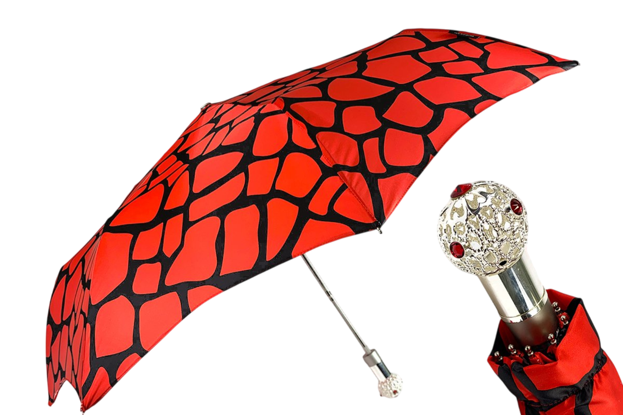 Unique Black and Red Folding Umbrella – Elegant Swarovski Details