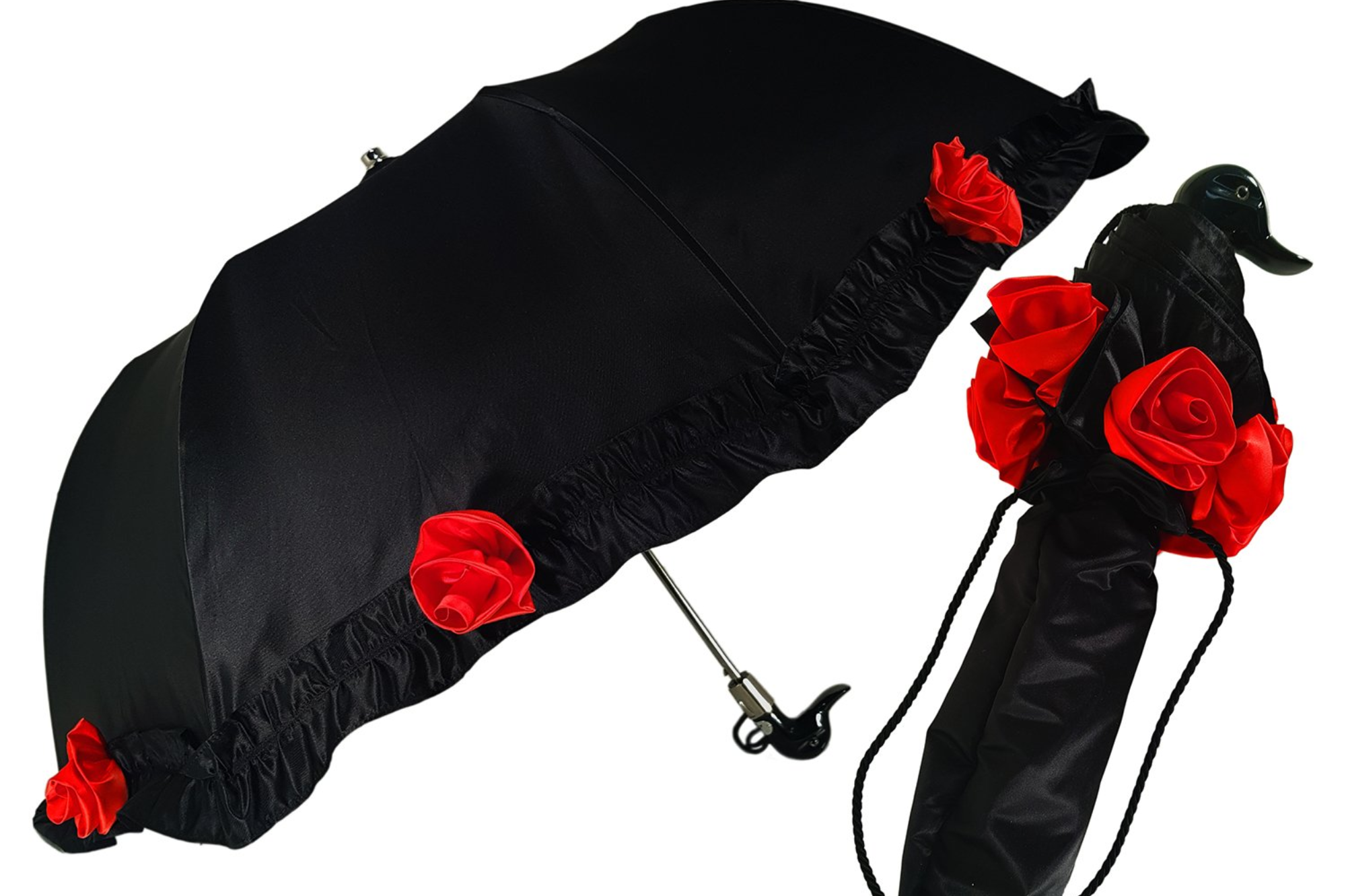 Frilly Black Folding Umbrella Parasol – Elegant and Handmade in Italy