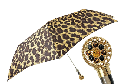 Leopard Folding Umbrella – Filigree Handle with Swarovski Crystals