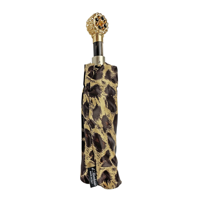 Leopard Folding Umbrella – Filigree Handle with Swarovski Crystals