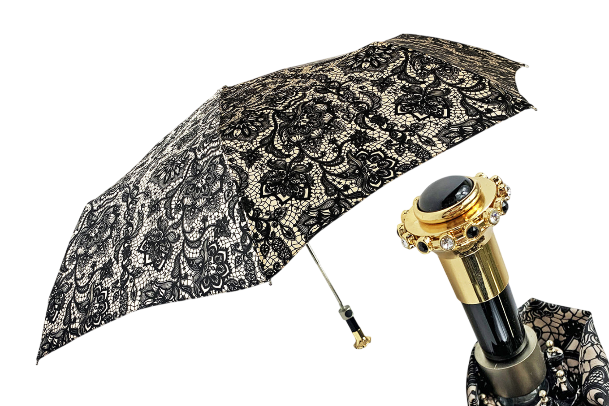 Elegant Swarovski and Black Stone Handle Lace-Effect Folding Umbrella