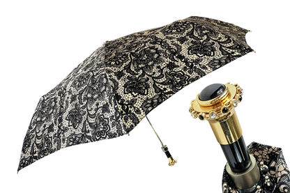 Elegant Swarovski and Black Stone Handle Lace-Effect Folding Umbrella