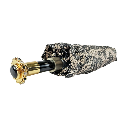 Elegant Swarovski and Black Stone Handle Lace-Effect Folding Umbrella