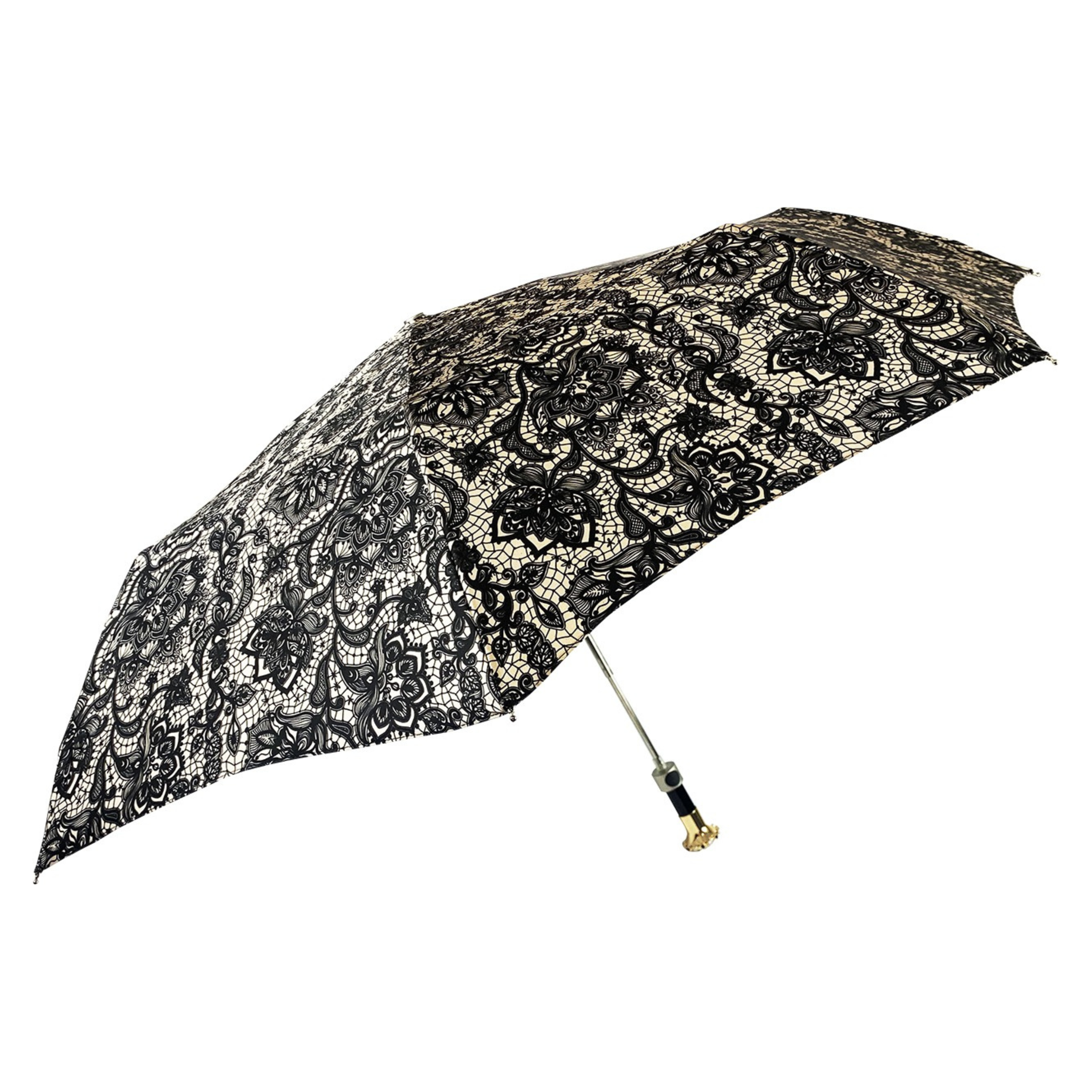 Elegant Swarovski and Black Stone Handle Lace-Effect Folding Umbrella