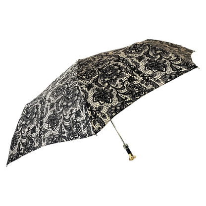 Elegant Swarovski and Black Stone Handle Lace-Effect Folding Umbrella