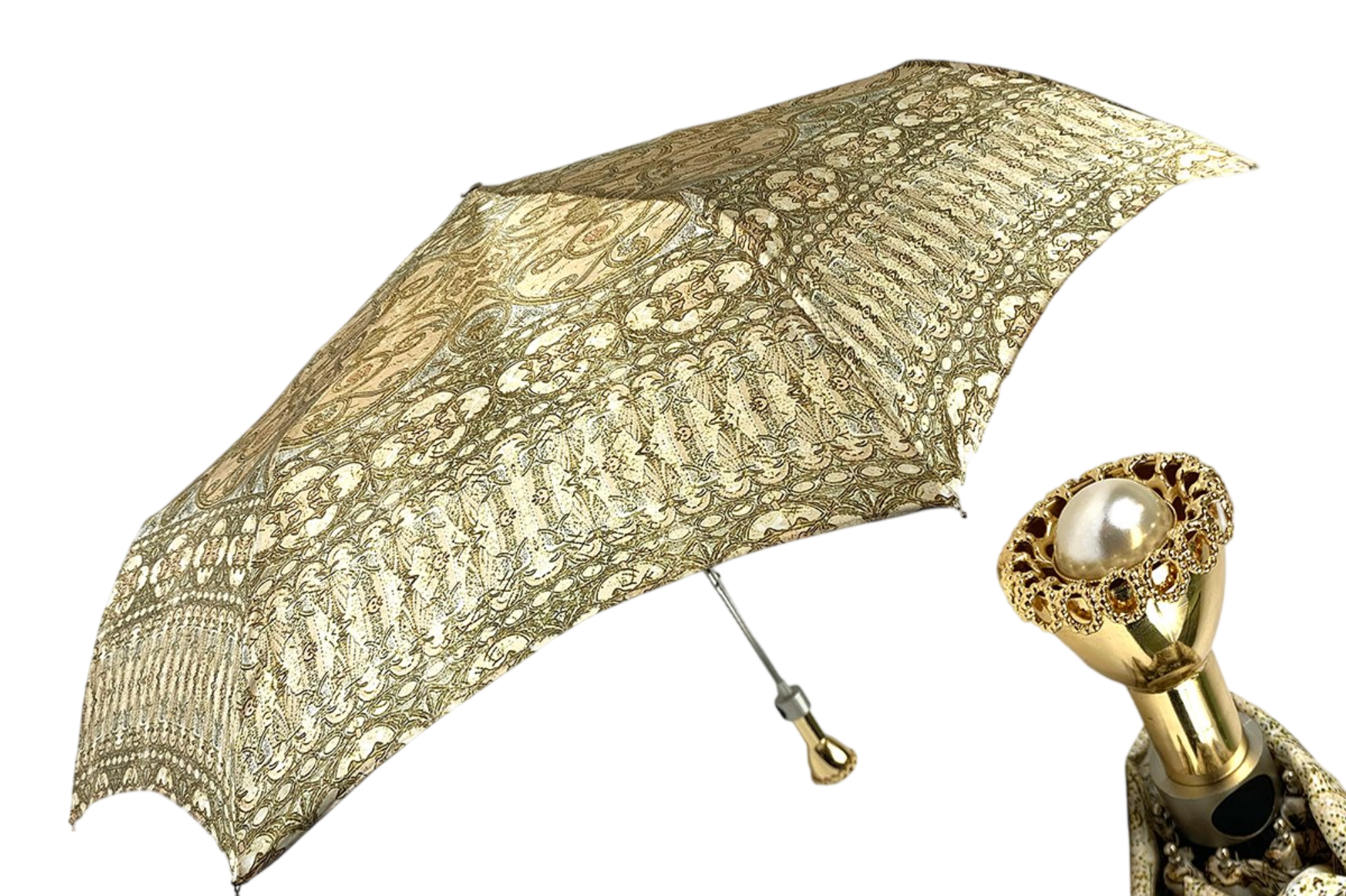 Baroque Folding Umbrella – Elegant Design with Jeweled Gold Handle