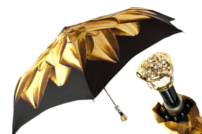 Elegant and Luxuriously Crafted Gold and Brown Dahlia Folding Umbrella