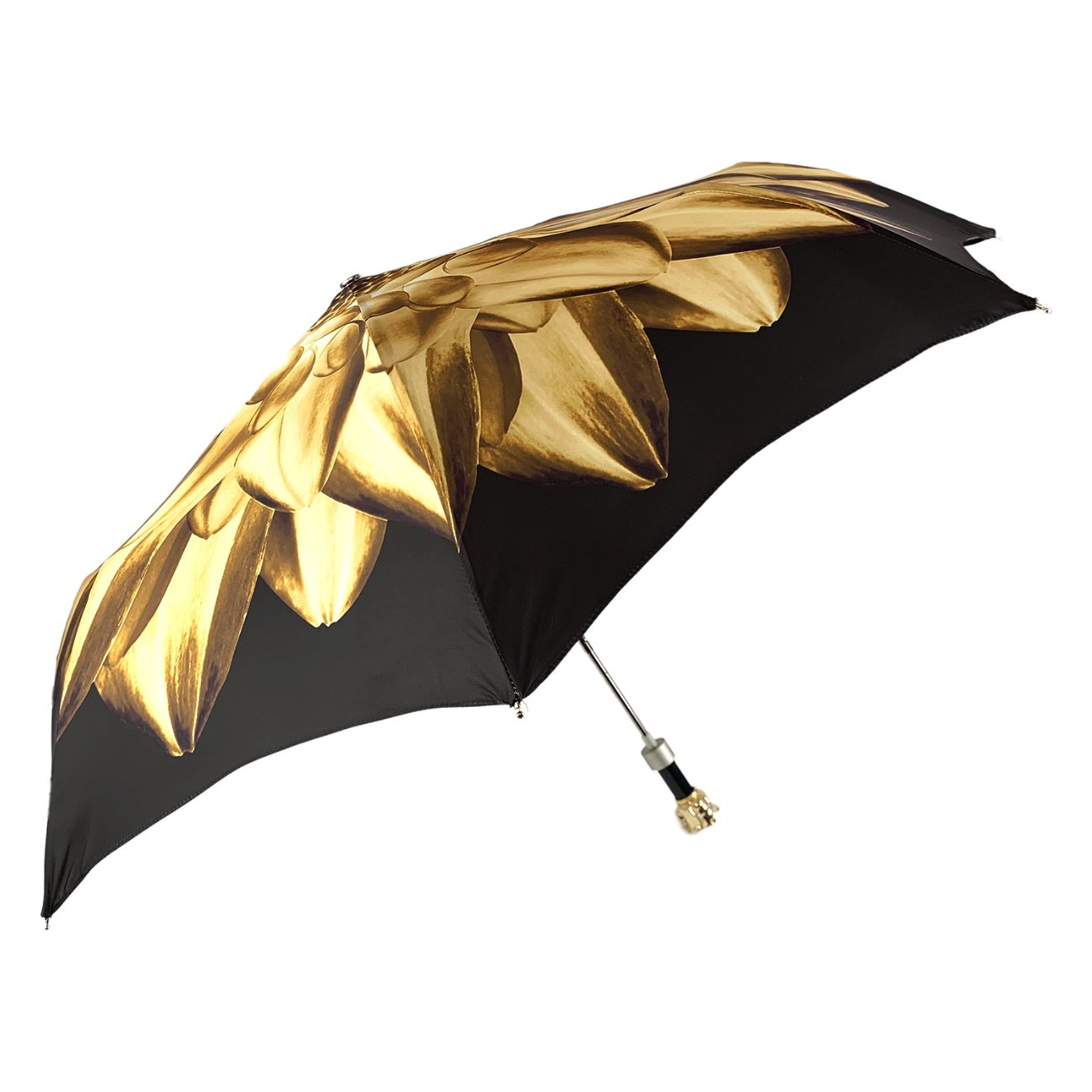 Elegant and Luxuriously Crafted Gold and Brown Dahlia Folding Umbrella