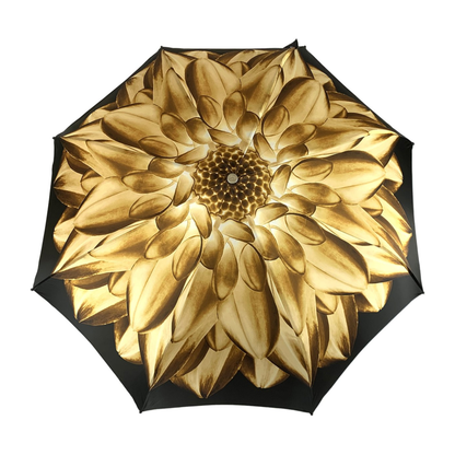Elegant and Luxuriously Crafted Gold and Brown Dahlia Folding Umbrella