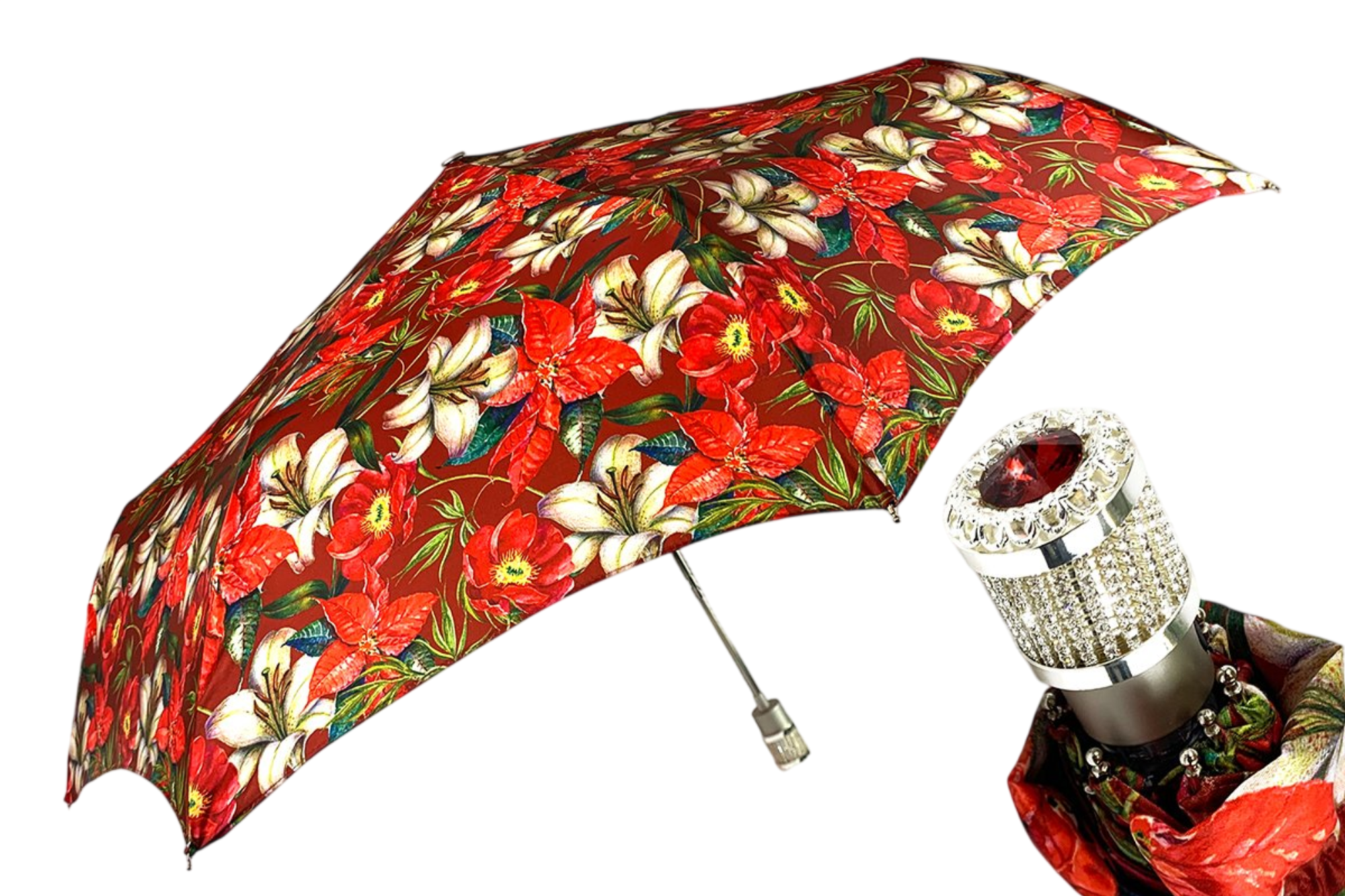 Floral Folding Umbrella – Silver Jeweled Handle and Red Swarovski