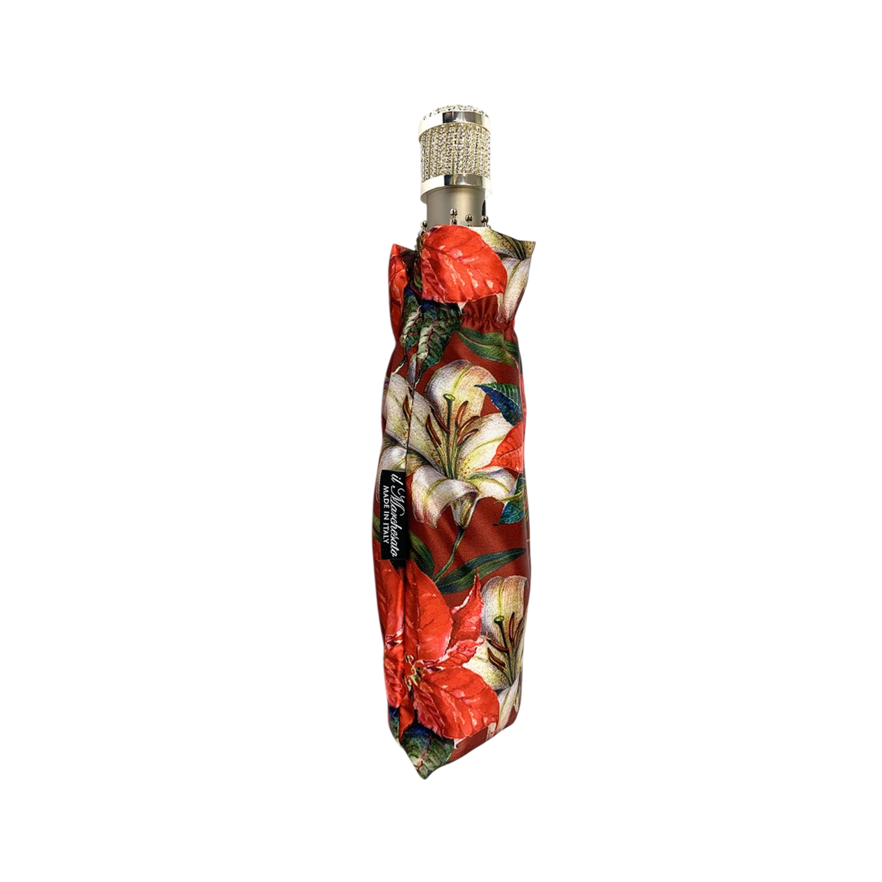 Floral Folding Umbrella – Silver Jeweled Handle and Red Swarovski