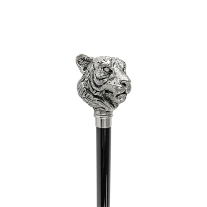 Handmade in Italy Exclusive Walking Stick with Silver-Plated 925 Tiger