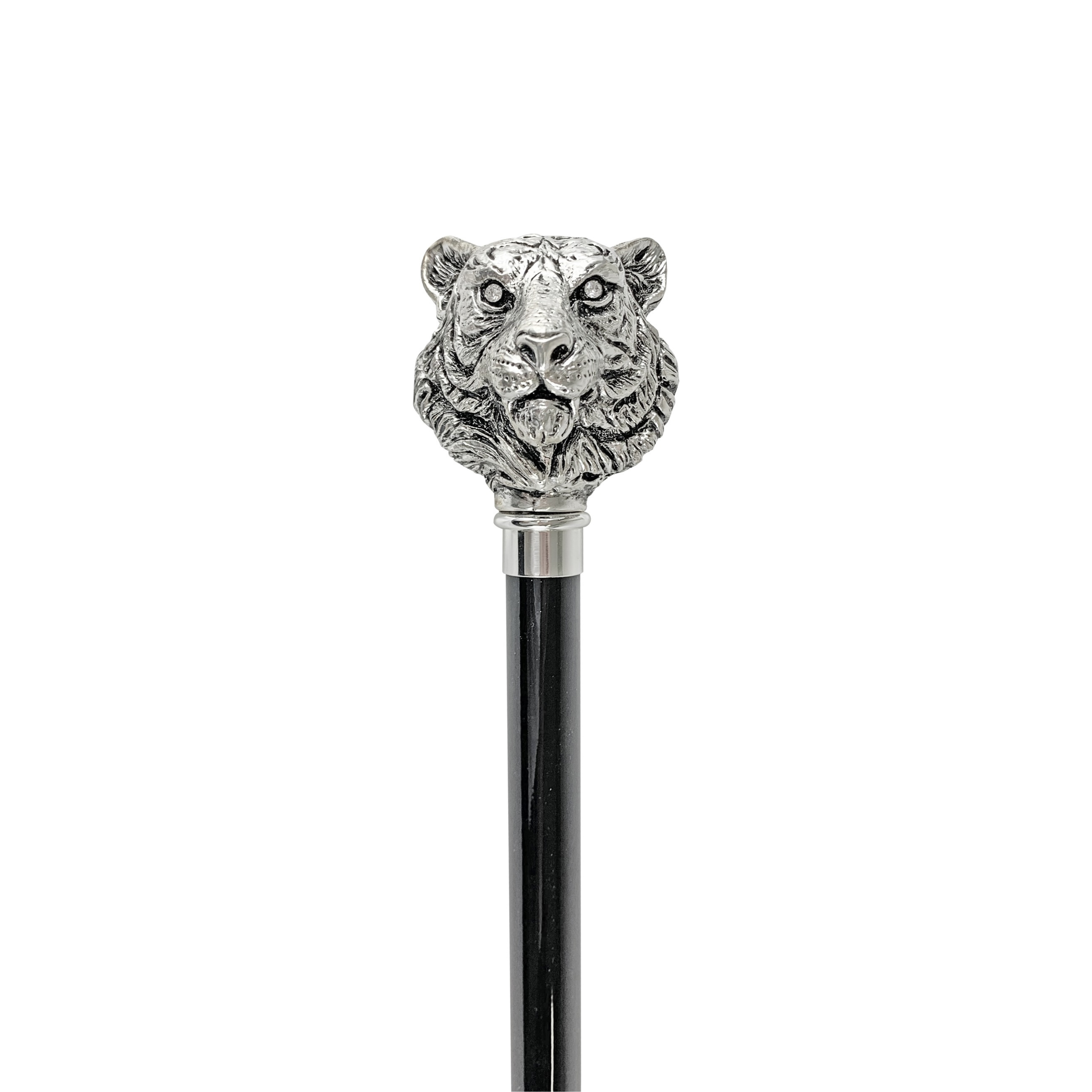 Handmade in Italy Exclusive Walking Stick with Silver-Plated 925 Tiger