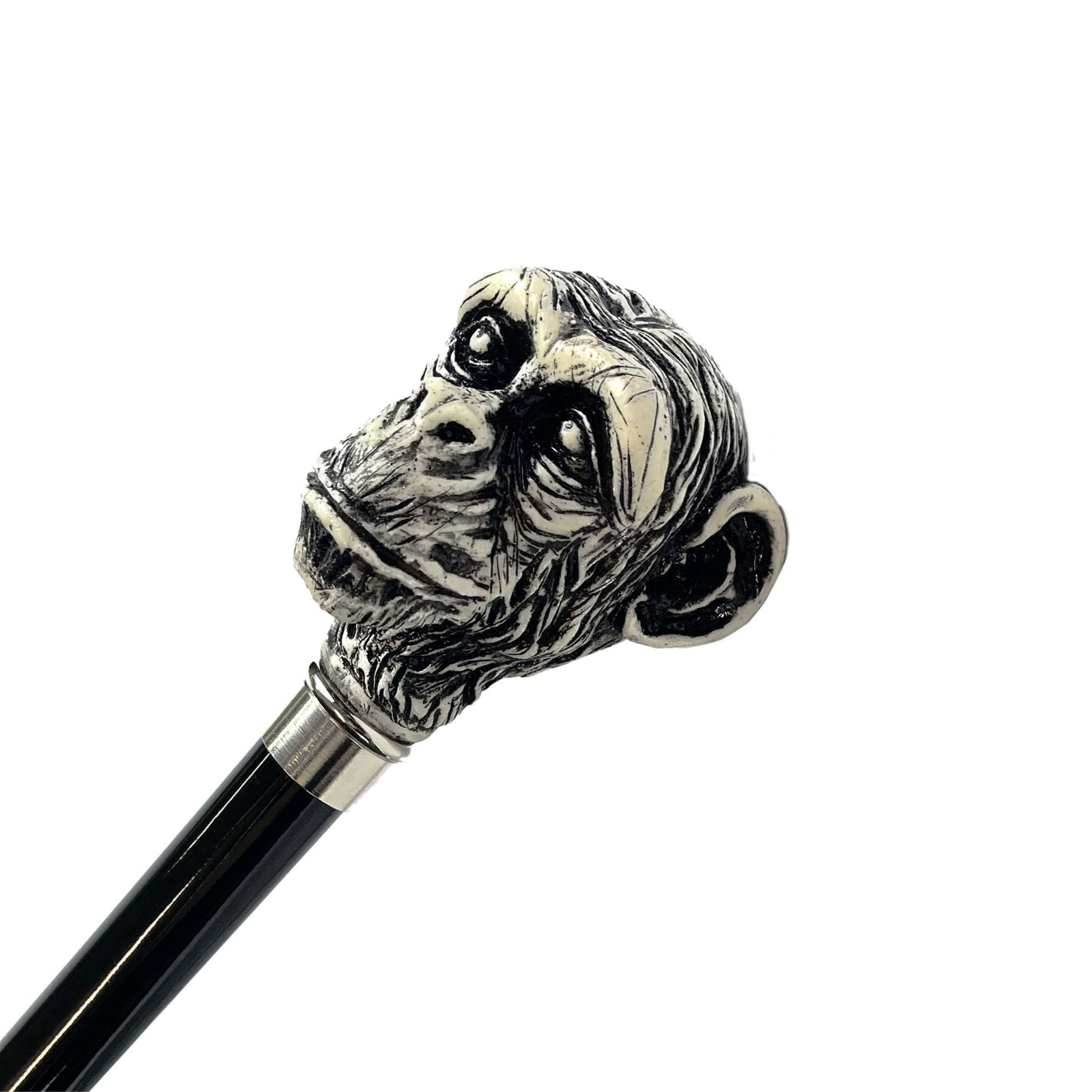 Unique Ivory-Lacquered Monkey Walking Stick – Silver-Plated Details