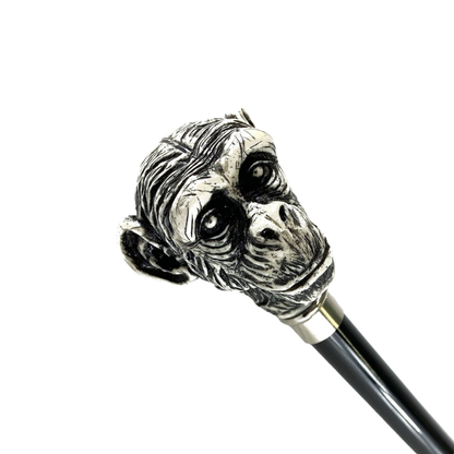 Unique Ivory-Lacquered Monkey Walking Stick – Silver-Plated Details