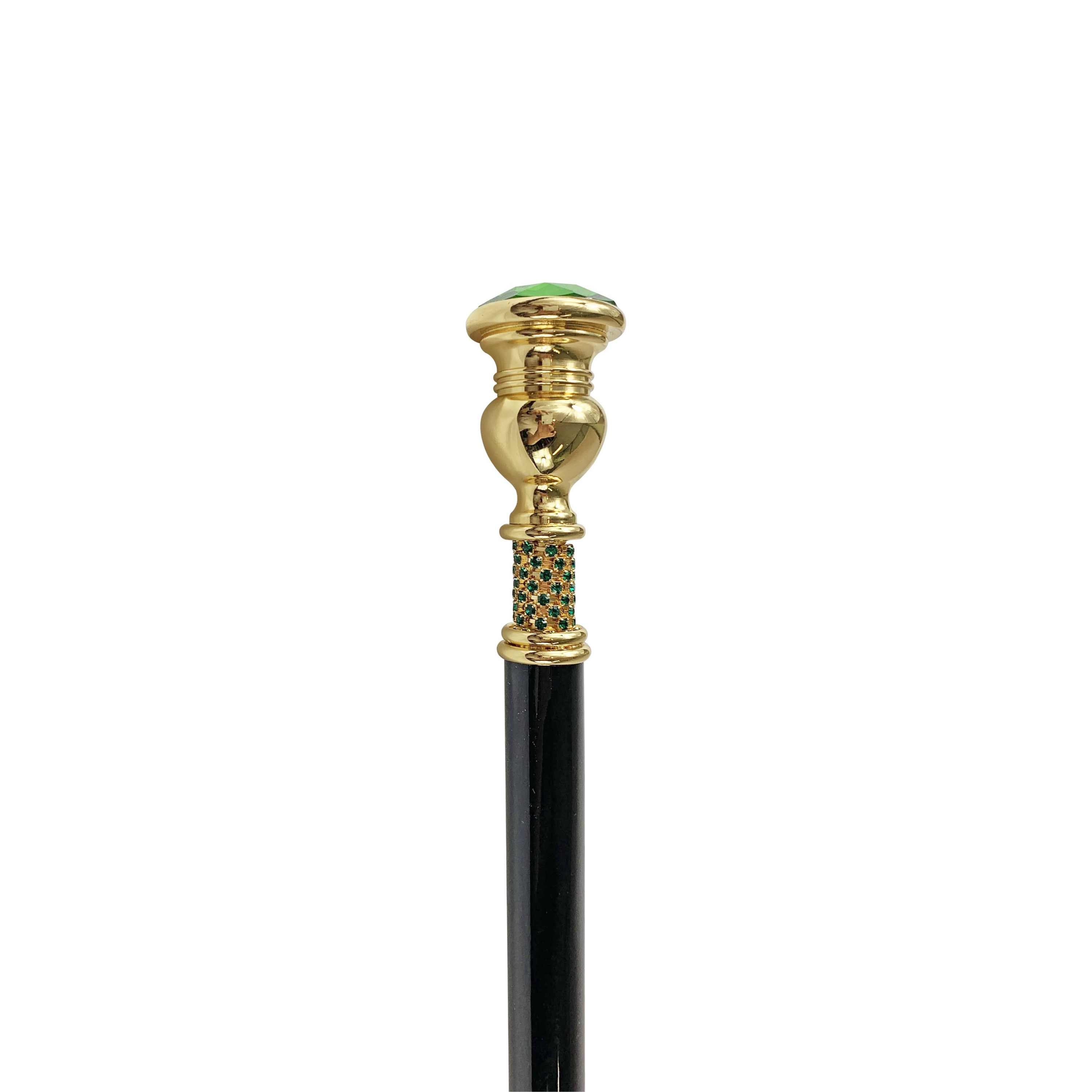 Walking Cane with Large Emerald Crystal – 24K Gold-Plated Handle