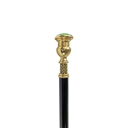 Walking Cane with Large Emerald Crystal – 24K Gold-Plated Handle