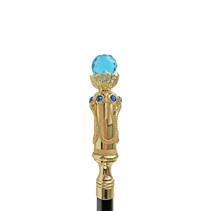 Exclusive 24K Gold-Plated Handle Walking Cane with Large Aqua Crystal