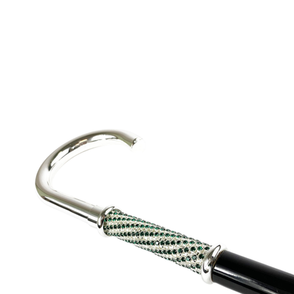 Luxury Walking Stick with Silver-Plated Handle and Emerald Rhinestones