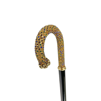 Luxury Italian Walking Cane with Multicolor Crystals and 24K Gold Plating