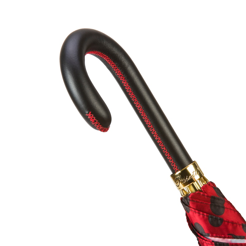 Red and Black Polka Dot Umbrella – Automatic, Leather Handle