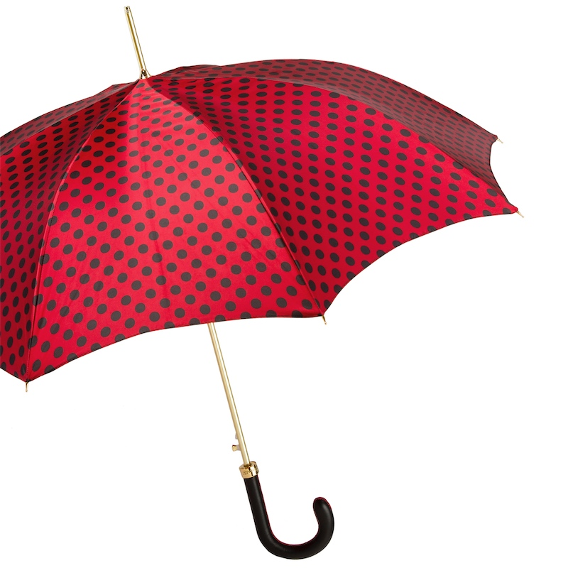Red and Black Polka Dot Umbrella – Automatic, Leather Handle